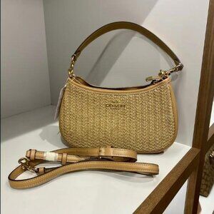 COACH Teri 2way Shoulder Bag Crossbody Straw Smooth Leather Latte Multi CR350